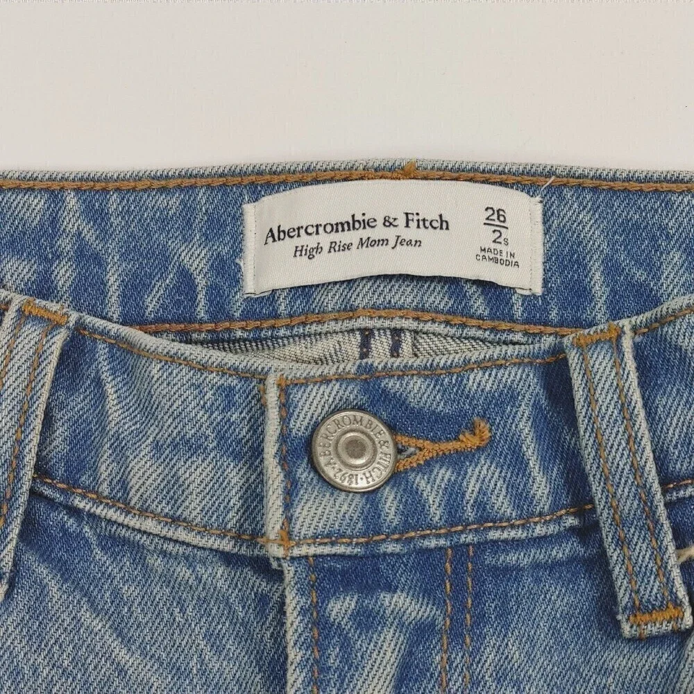 Abercrombie & Fitch High Rise Mom Jean Womens 26/2 S Blue Denim Short Distressed